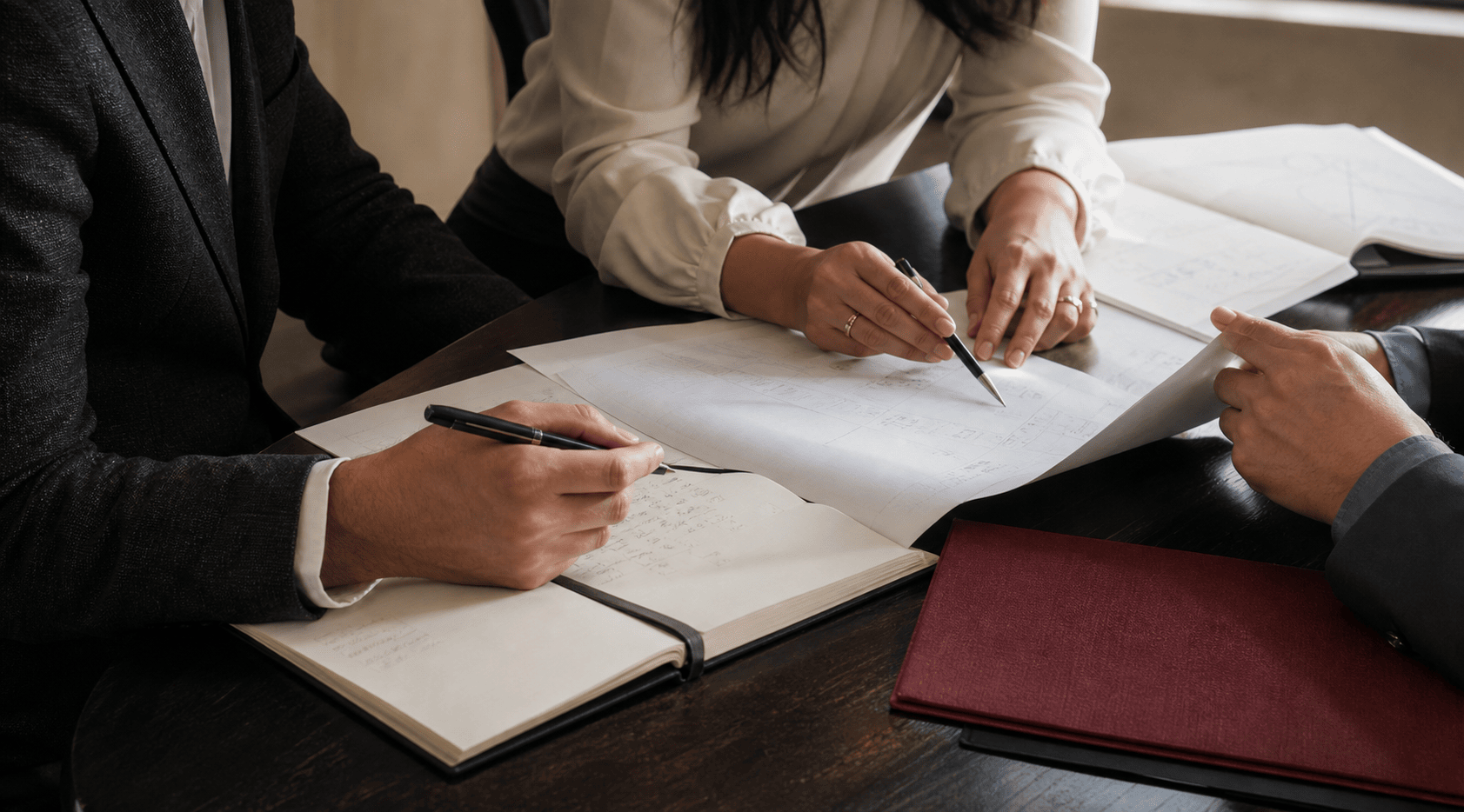Profesionales colaborando alrededor de una mesa de trabajo